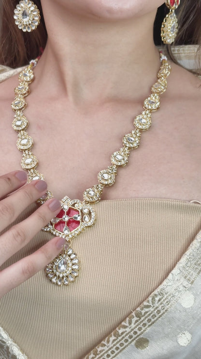 Red Vrinda Long Necklace Set with Earring and Teeka