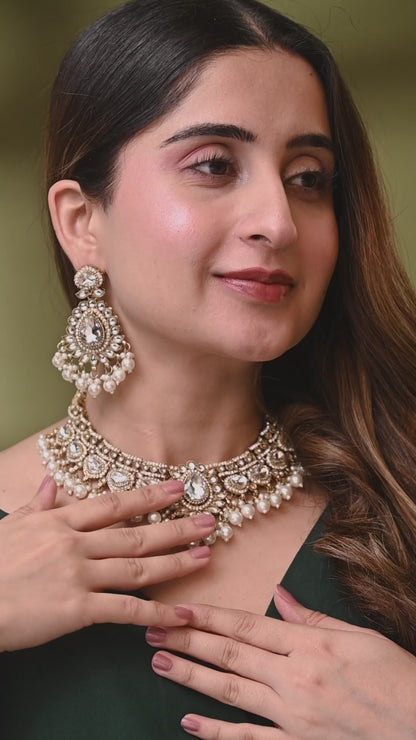 Pearl Savira Premium Polki Dupe Necklace with Earring and Teeka