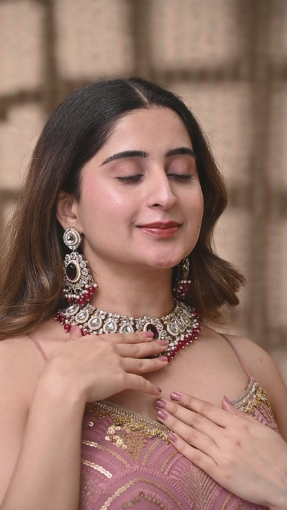 Red Kavisha Premium Polki Dupe Necklace Set with Earring and Teeka