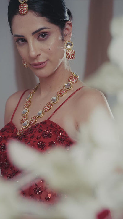 Maroon Harleen Meenakari Long Necklace Set with Teeka and Earring