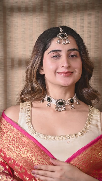 Green Suhen Premium Polki Dupe Choker Necklace With Earring & Teeka