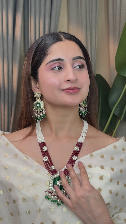 Green Maroon Neelika Long Necklace Set with Earring