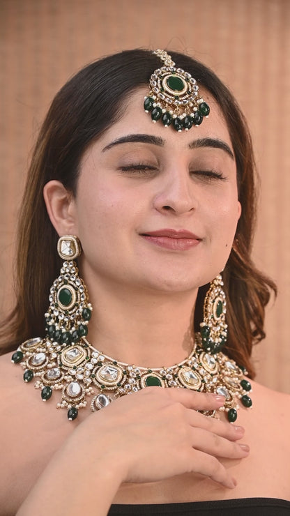 Green Noorpreet Premium Necklace with Earring and Mangteeka