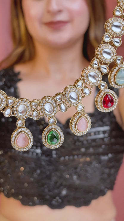 Multi Nivaya Premium Polki Dupe Necklace with Earring and Teeka