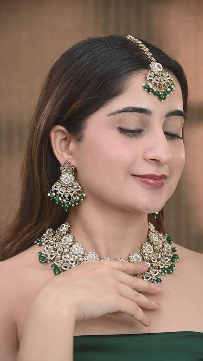 Green Mahvika Premium Necklace with Earring and Teeka