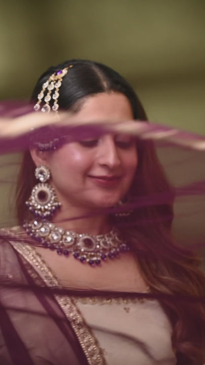 Purple Laviza Premium Polki Dupe Necklace Earring with Teeka and Side Jhumar/Passa