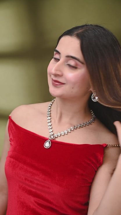 White Yarvi Premium Kundan Necklace With Earrings