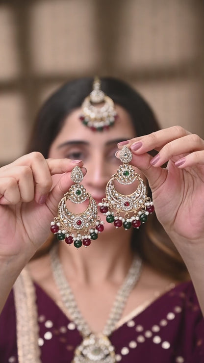 Red Green Travini Premium Long Necklace With Earring & Teeka