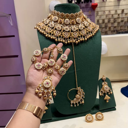 Royal Rajwada Bridal Necklace Set with Jhumki Earring and Sheshpatti with Mangteeka and Bridal Nath Nose Ring and Pair of Ring
