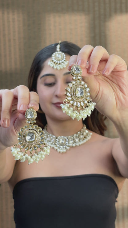 Jasraj Premium Zircone Polki Dupe Pearl Necklace with Earring and Teeka