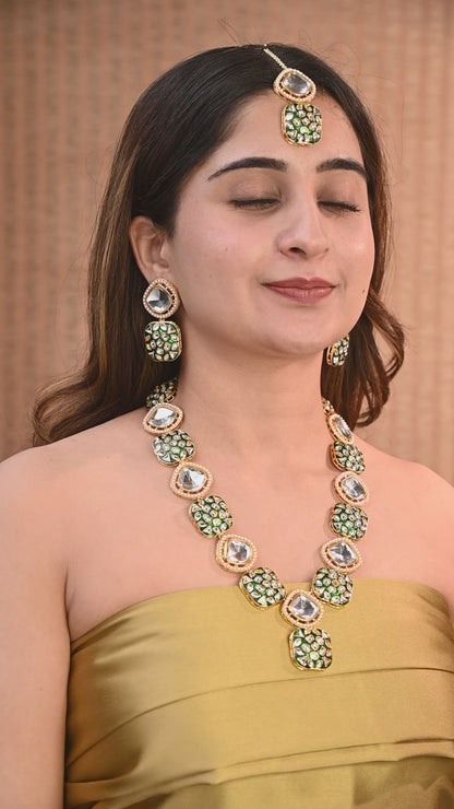 Green Harleen Meenakari Long Necklace Set with Teeka and Earring