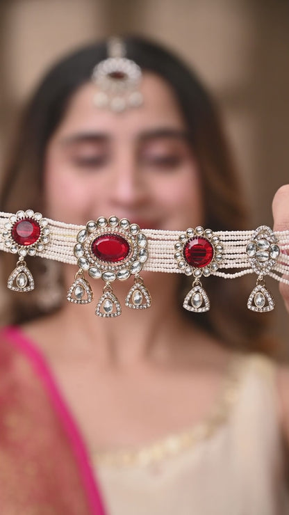 Red Suhen Premium Polki Dupe Choker Necklace With Earring & Teeka