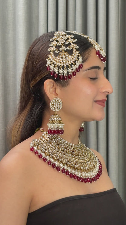 Maroon Navneet Statement Necklace Earring with Teeka and Side Jhumar/Passa