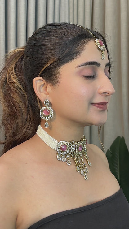 Blush Meher Premium Necklace with Earring and Mangteeka