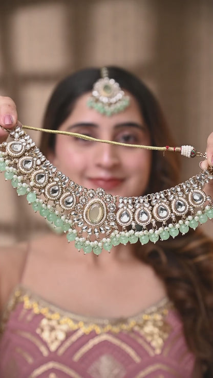 Mint Kavisha Premium Polki Dupe Necklace Set with Earring and Teeka