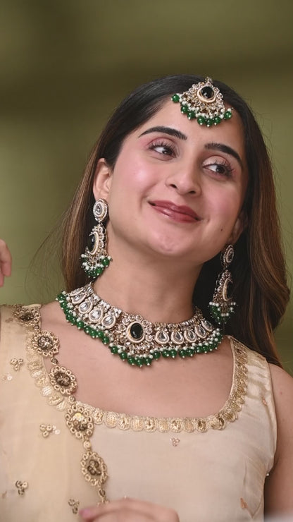 Green Kavisha Premium Polki Dupe Necklace Set with Earring and Teeka