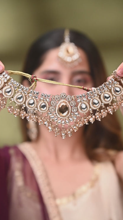 Gold Kavisha Premium Polki Dupe Necklace Set with Earring and Teeka