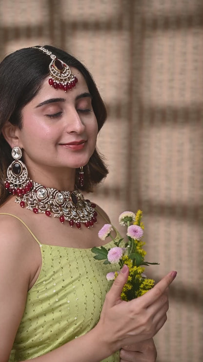 Red Naadiya Premium Polki Dupe Necklace with Earring and Teeka