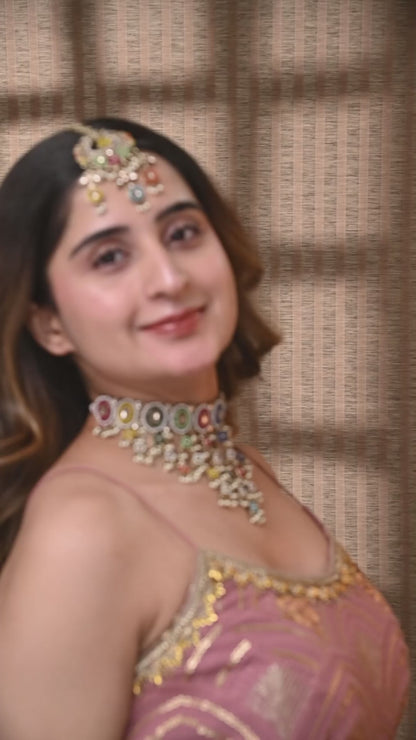 Multi Ravya Kundan Necklace Set With Earring and Mangteeka