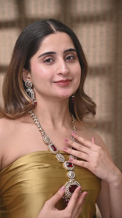 Red Naavir Premium Polki Dupe Long Necklace with Earring and Teeka