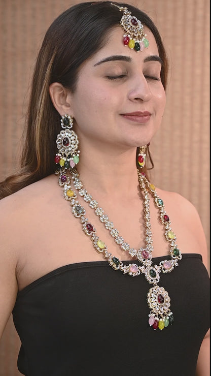 Multi Prabhjot Premium Layer Long Necklace with Earring and Mangteeka