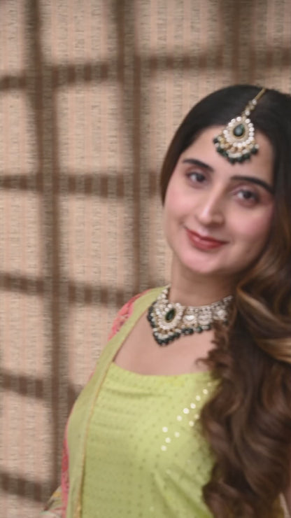Green Savira Premium Polki Dupe Necklace with Earring and Teeka