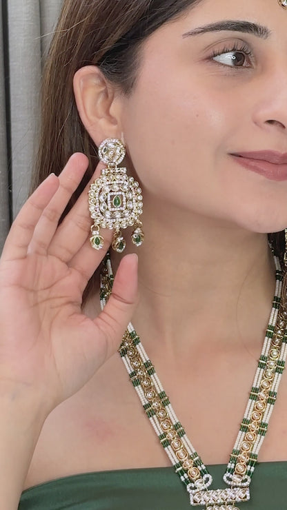 Green Shivangi Premium Long Necklace With Earring & Teeka