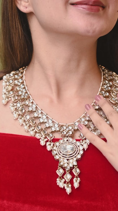 Prayshi Premium Kundan Pearl Necklace With Earring and Teeka