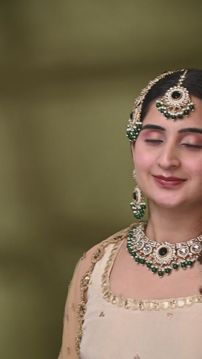 Green Laviza Premium Polki Dupe Necklace Earring with Teeka and Side Jhumar/Passa