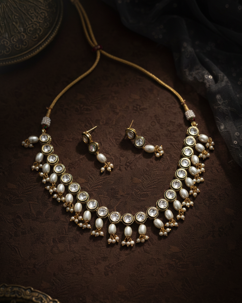 Puran Pearl Stone Necklace With Earrings