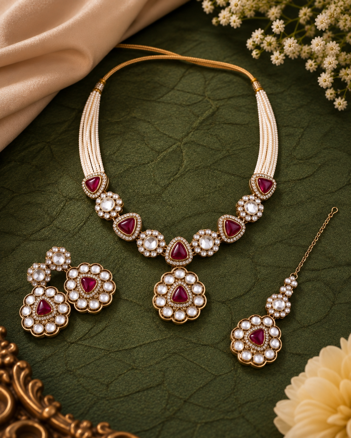 Purple Jasneet Premium Zircone Polki Dupe Necklace Set With Earrings & Teeka
