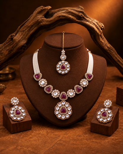 Purple Jasneet Premium Zircone Polki Dupe Necklace Set With Earrings & Teeka