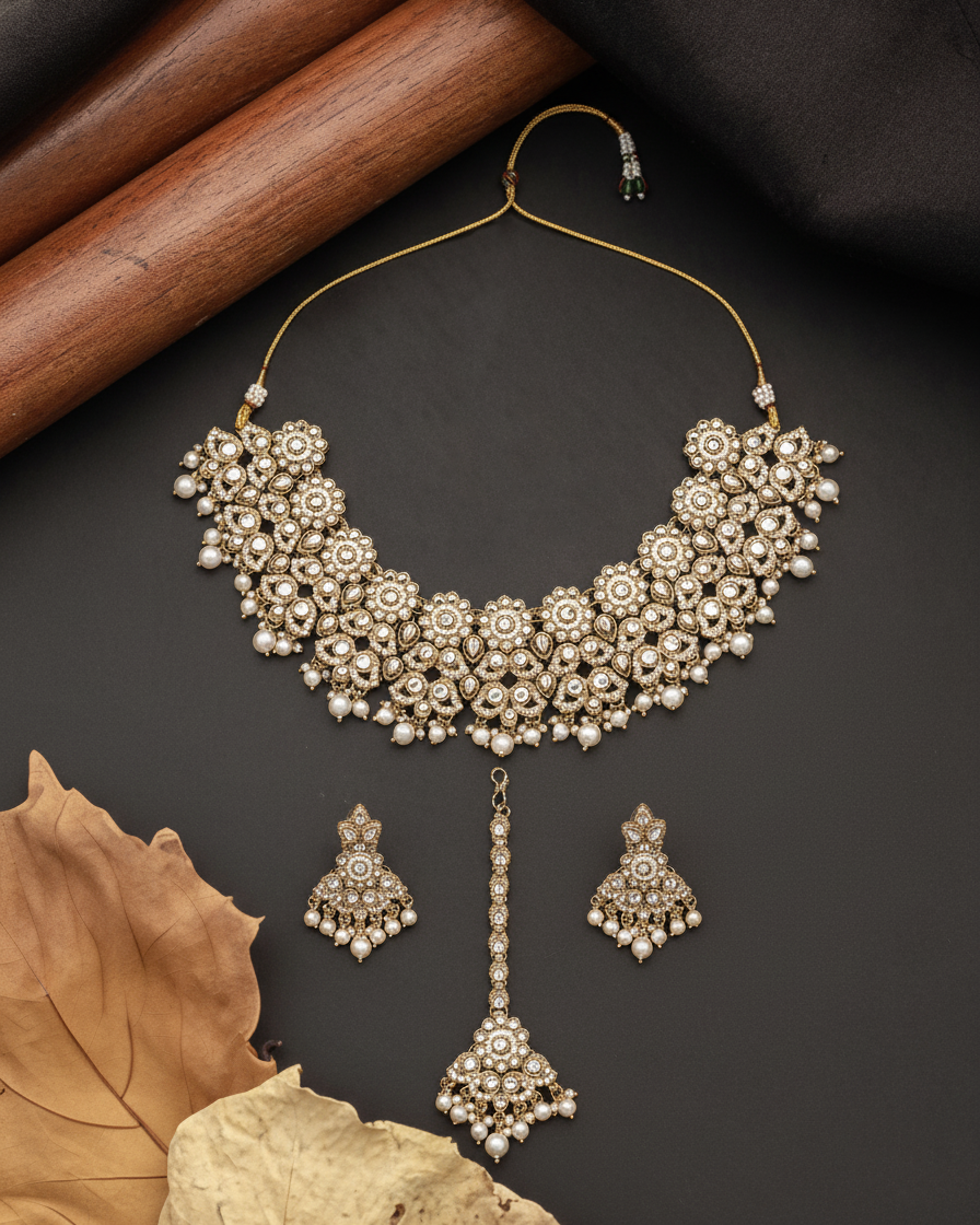 Pearl Mahvika Premium Necklace with Earring and Teeka