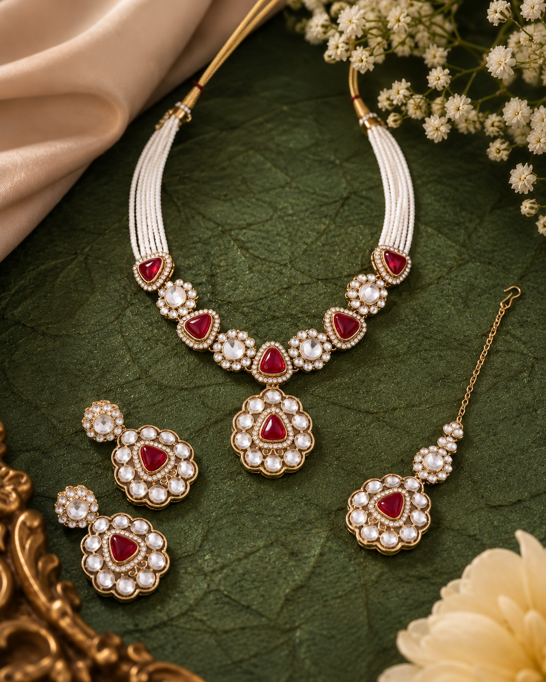 Red Jasneet Premium Zircone Polki Dupe Necklace Set With Earrings & Teeka
