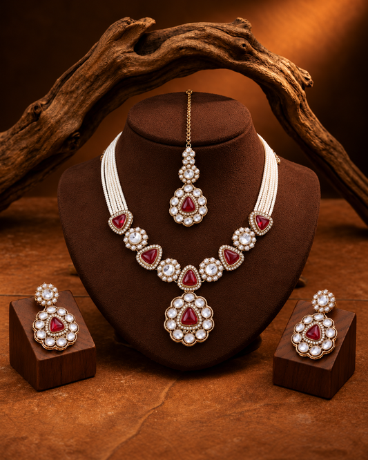Red Jasneet Premium Zircone Polki Dupe Necklace Set With Earrings & Teeka