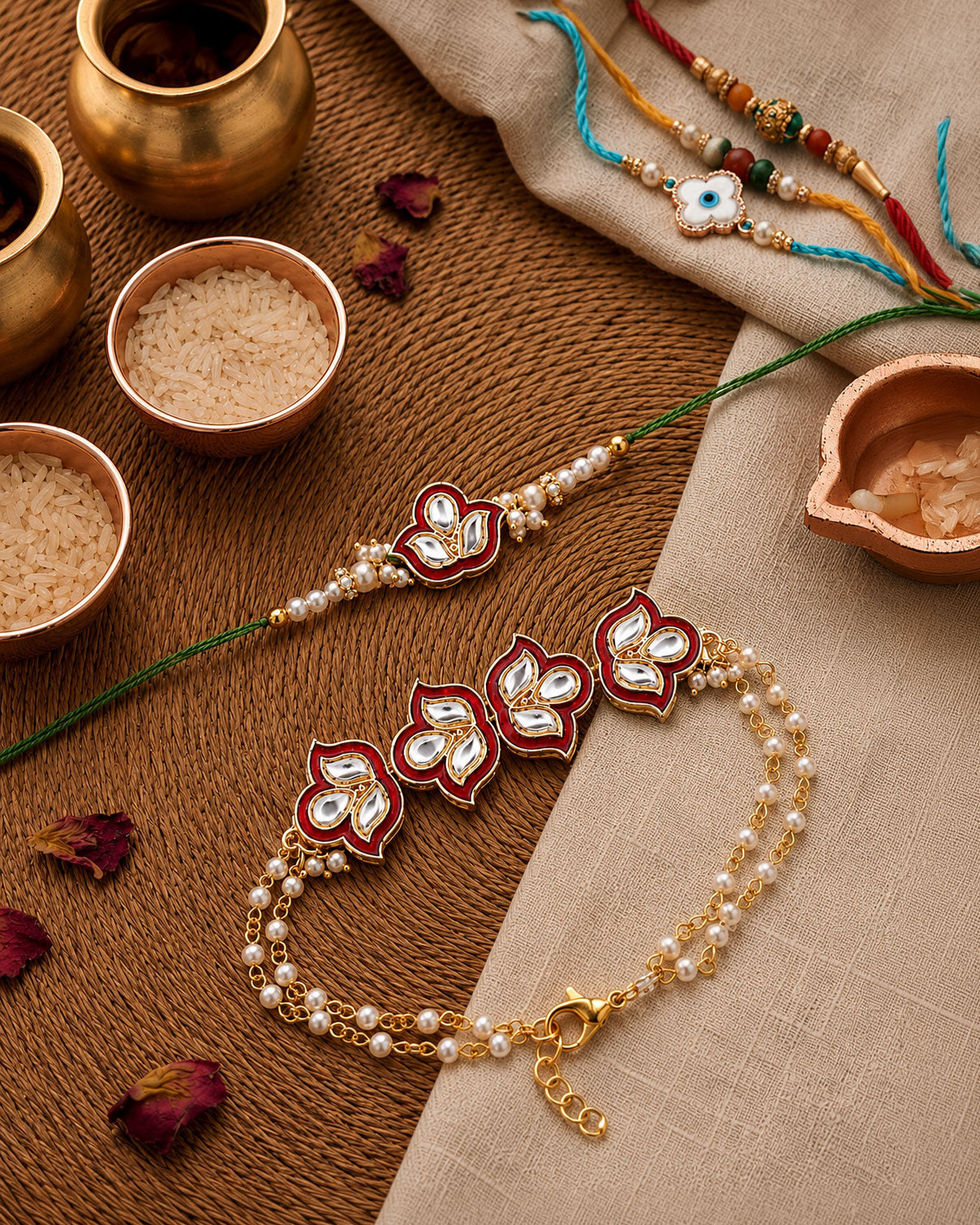 Red Devina Bhaiya Bhabhi Rakhi with Tilak Set and Card