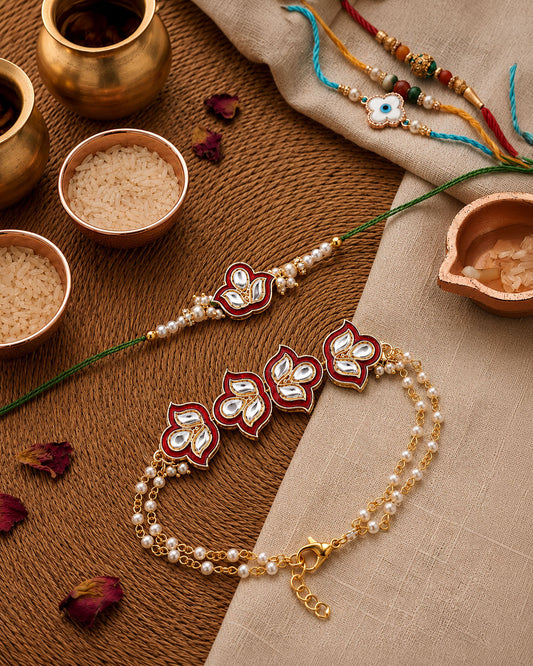 Red Devina Bhaiya Bhabhi Rakhi with Tilak Set and Card