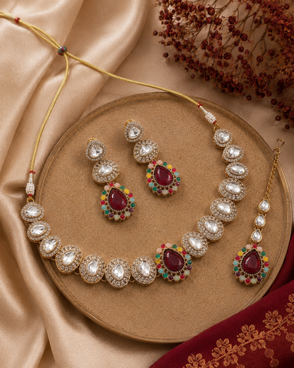 Red Multi Yamuna Premium Zircone Polki Dupe Necklace Set