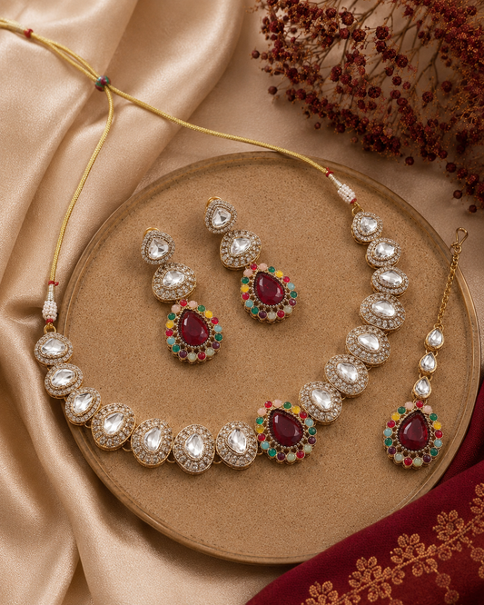 Red Multi Yamuna Premium Zircone Polki Dupe Necklace Set