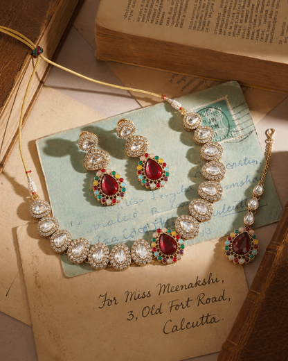 Red Multi Yamuna Premium Zircone Polki Dupe Necklace Set