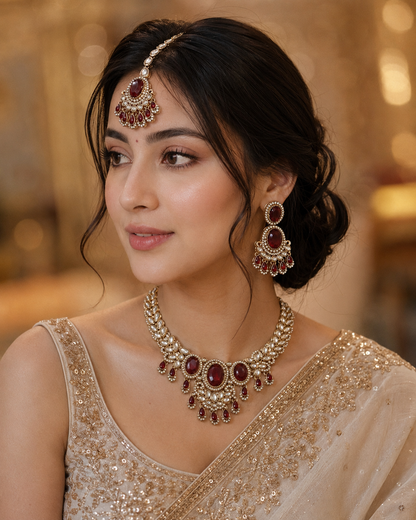 Ruby Yuvrani Premium Polki Dupe Necklace with Earring and Mangteeka