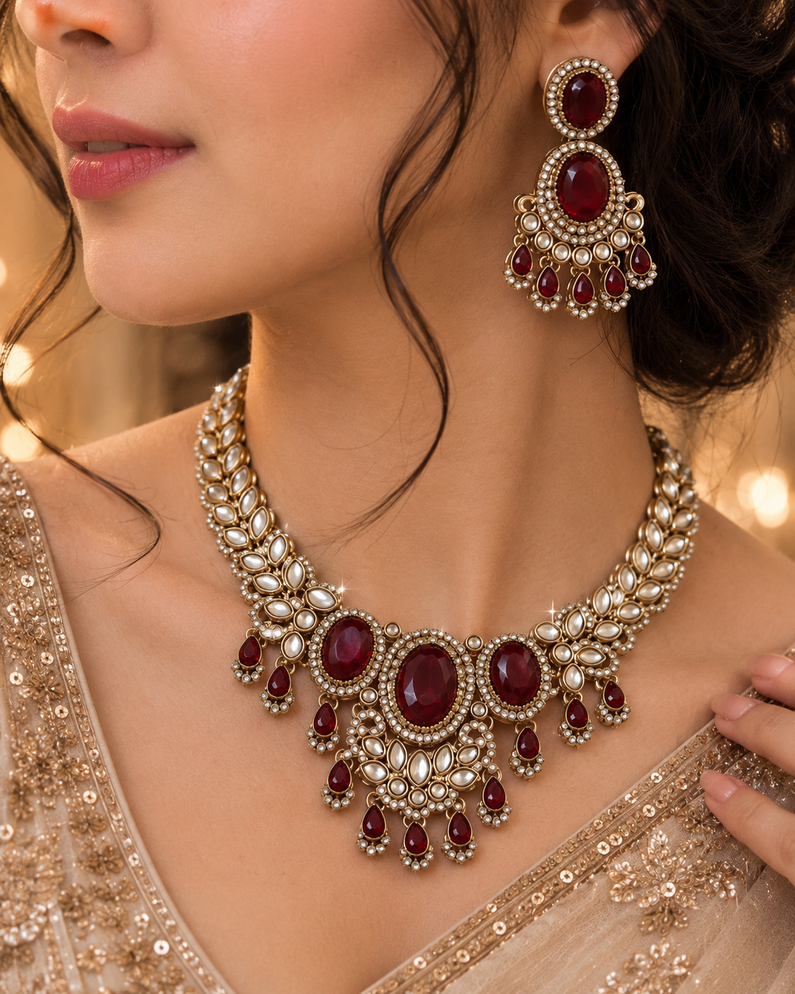Ruby Yuvrani Premium Polki Dupe Necklace with Earring and Mangteeka
