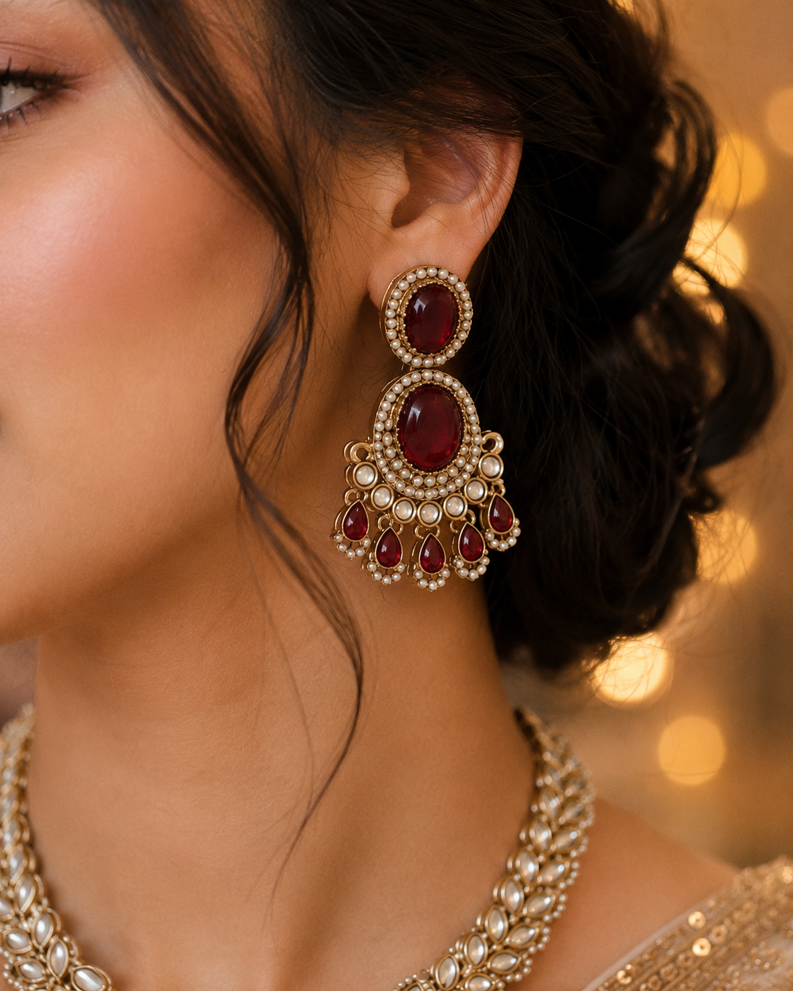Ruby Yuvrani Premium Polki Dupe Necklace with Earring and Mangteeka