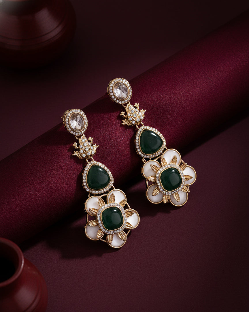 Green Asher Designer Earring with Premium Monalisa and Zircone Stone Detailing