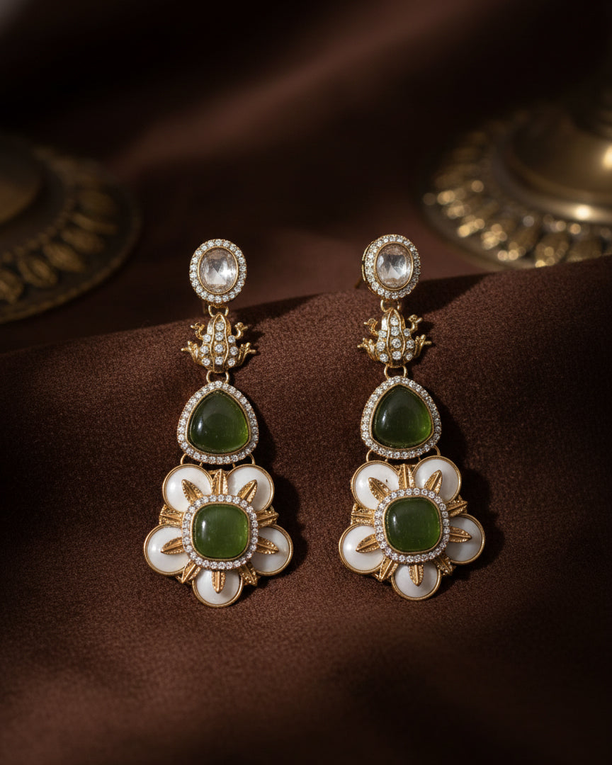 Olive Green Asher Designer Earring with Premium Monalisa and Zircone Stone Detailing