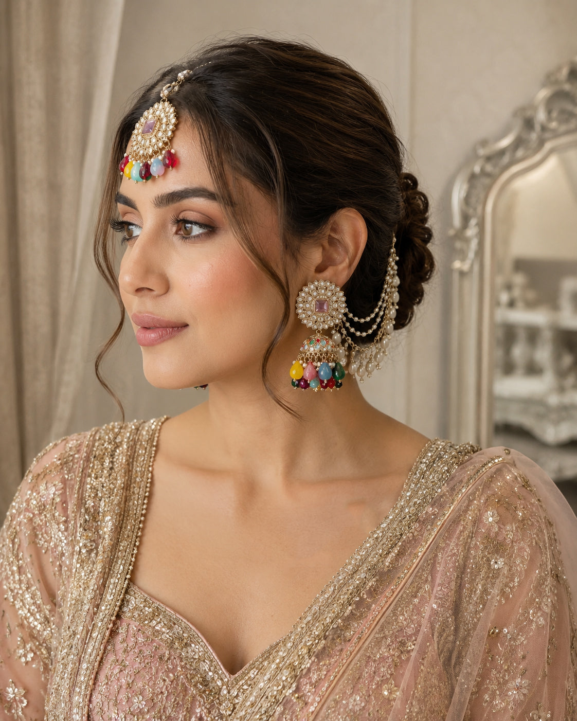 Multi Avreet Mirror Bahubali Jhumka with Teeka