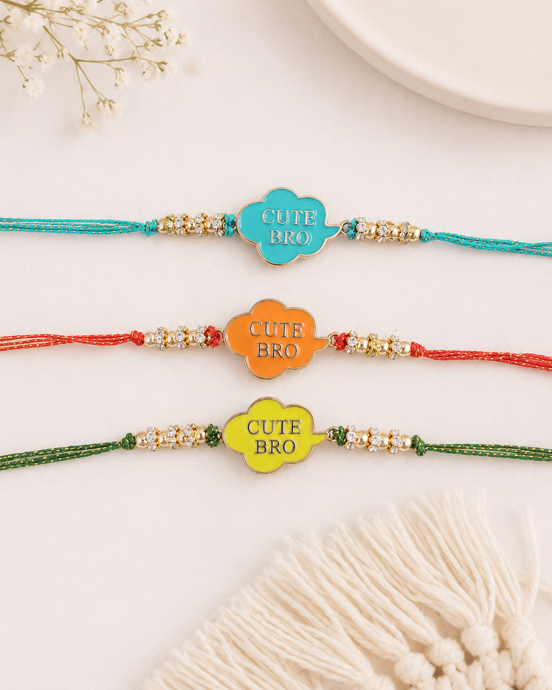 Pack of 3 Cute Bro Rakhi for Brother - Teal Orange Yellow | Tilak Set Included