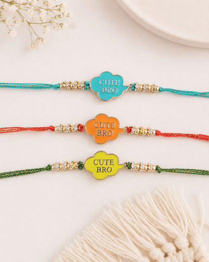 Pack of 3 Cute Bro Rakhi for Brother - Teal Orange Yellow | Tilak Set Included