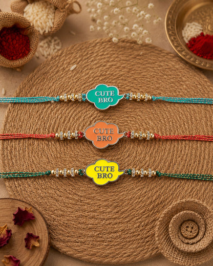 Pack of 3 Cute Bro Rakhi for Brother - Teal Orange Yellow | Tilak Set Included