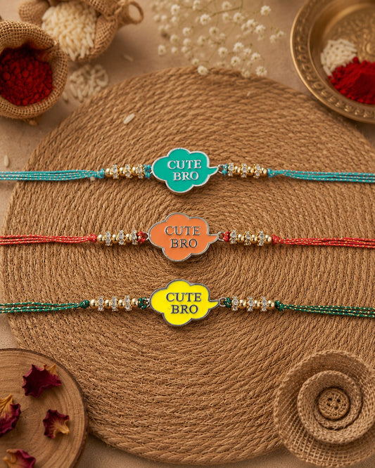Pack of 3 Cute Bro Rakhi for Brother - Teal Orange Yellow | Tilak Set Included